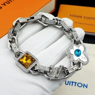 Louis Vuitton Monogram Flower Silver Multicolor Chunky Chain-Link Pavé-Crystal Embellished Bracelet