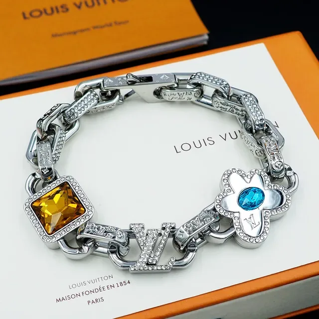 Louis Vuitton Monogram Flower Silver Multicolor Chunky Chain-Link Pavé-Crystal Embellished Bracelet 7