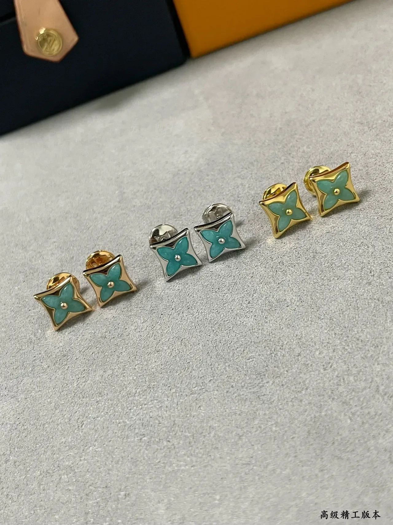 Louis Vuitton Monogram Flower Turquoise Enamel Square Stud Earrings 2