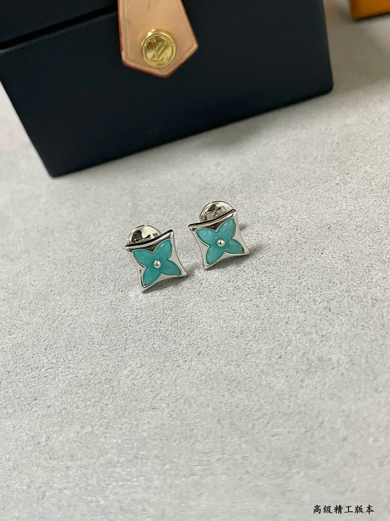 Louis Vuitton Monogram Flower Turquoise Enamel Square Stud Earrings 4