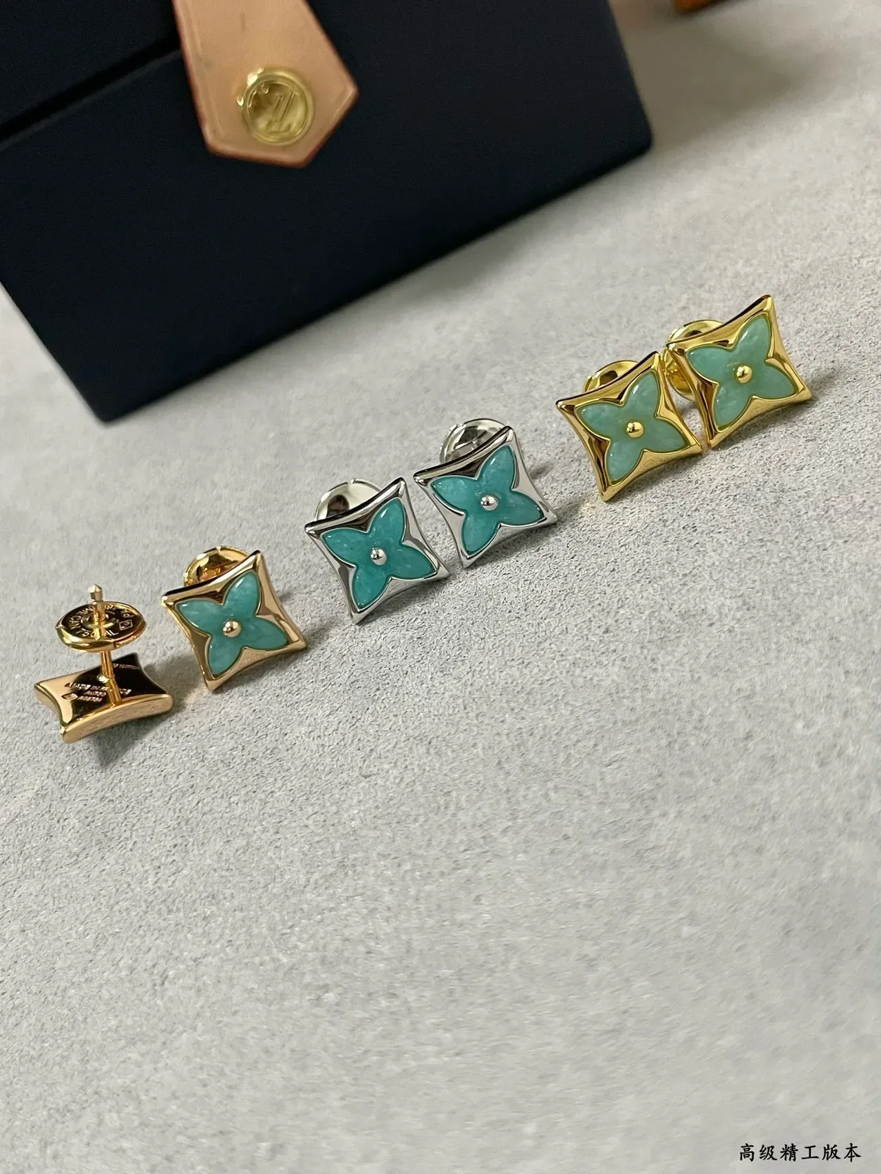 Louis Vuitton Monogram Flower Turquoise Enamel Square Stud Earrings 7