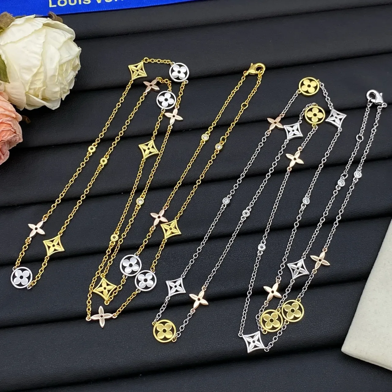 Louis Vuitton Monogram Flowers Gold Silver Multi-Charm Dual-Tone Metal Necklace 2