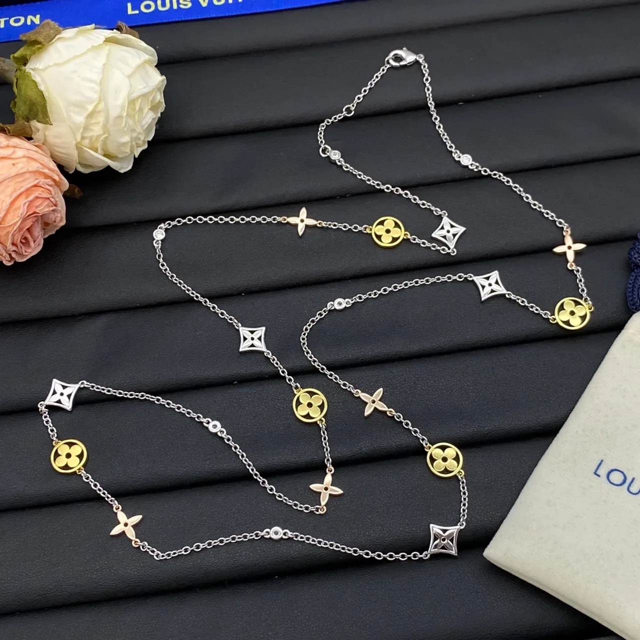 Louis Vuitton Monogram Flowers Gold Silver Multi-Charm Dual-Tone Metal Necklace 3