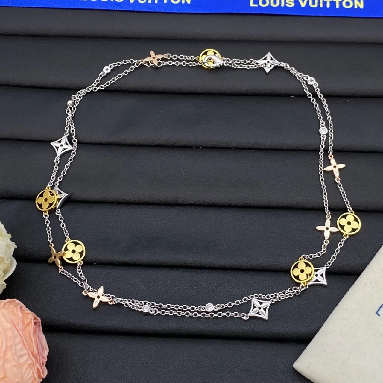 Louis Vuitton Monogram Flowers Gold Silver Multi-Charm Dual-Tone Metal Necklace 4