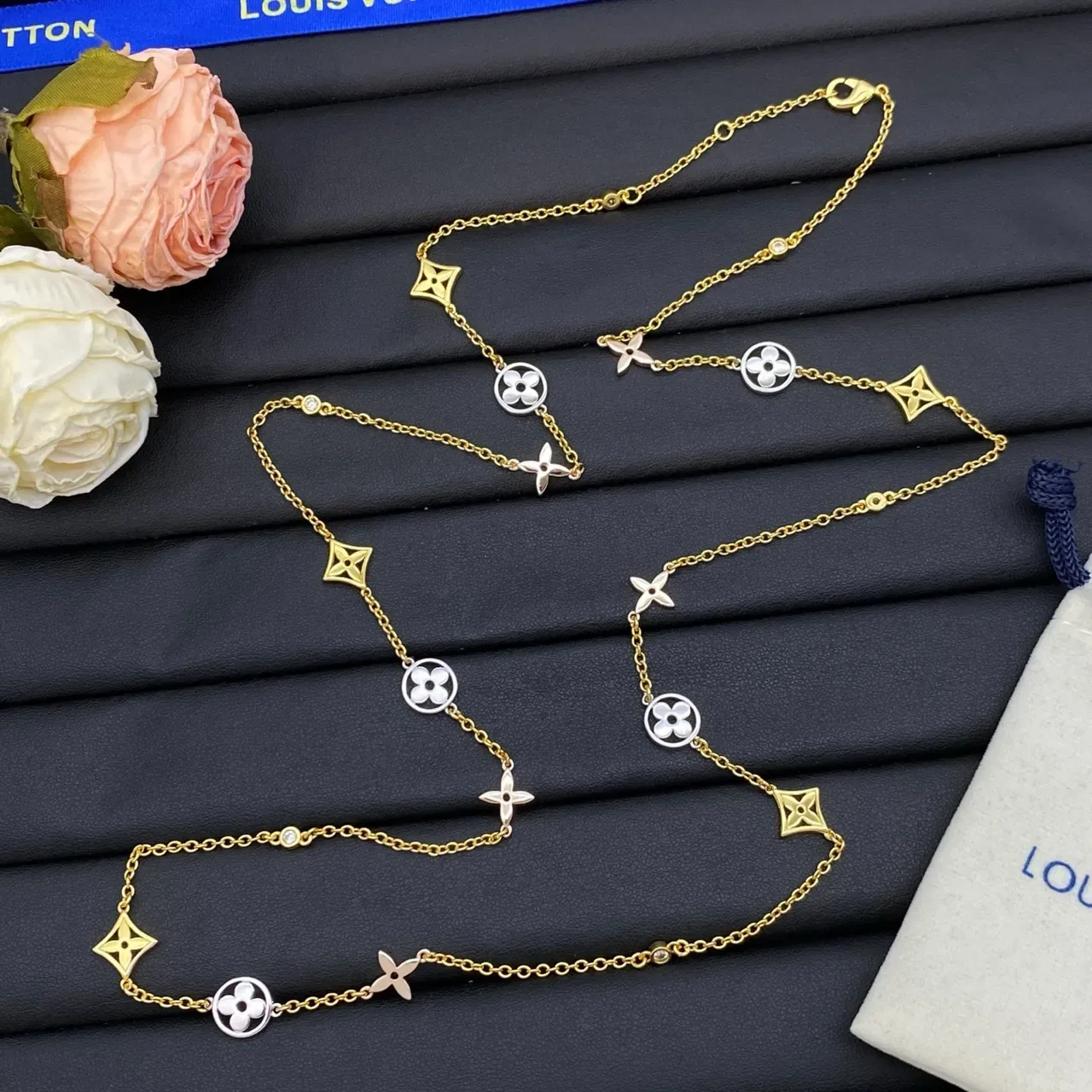 Louis Vuitton Monogram Flowers Gold Silver Multi-Charm Dual-Tone Metal Necklace 5