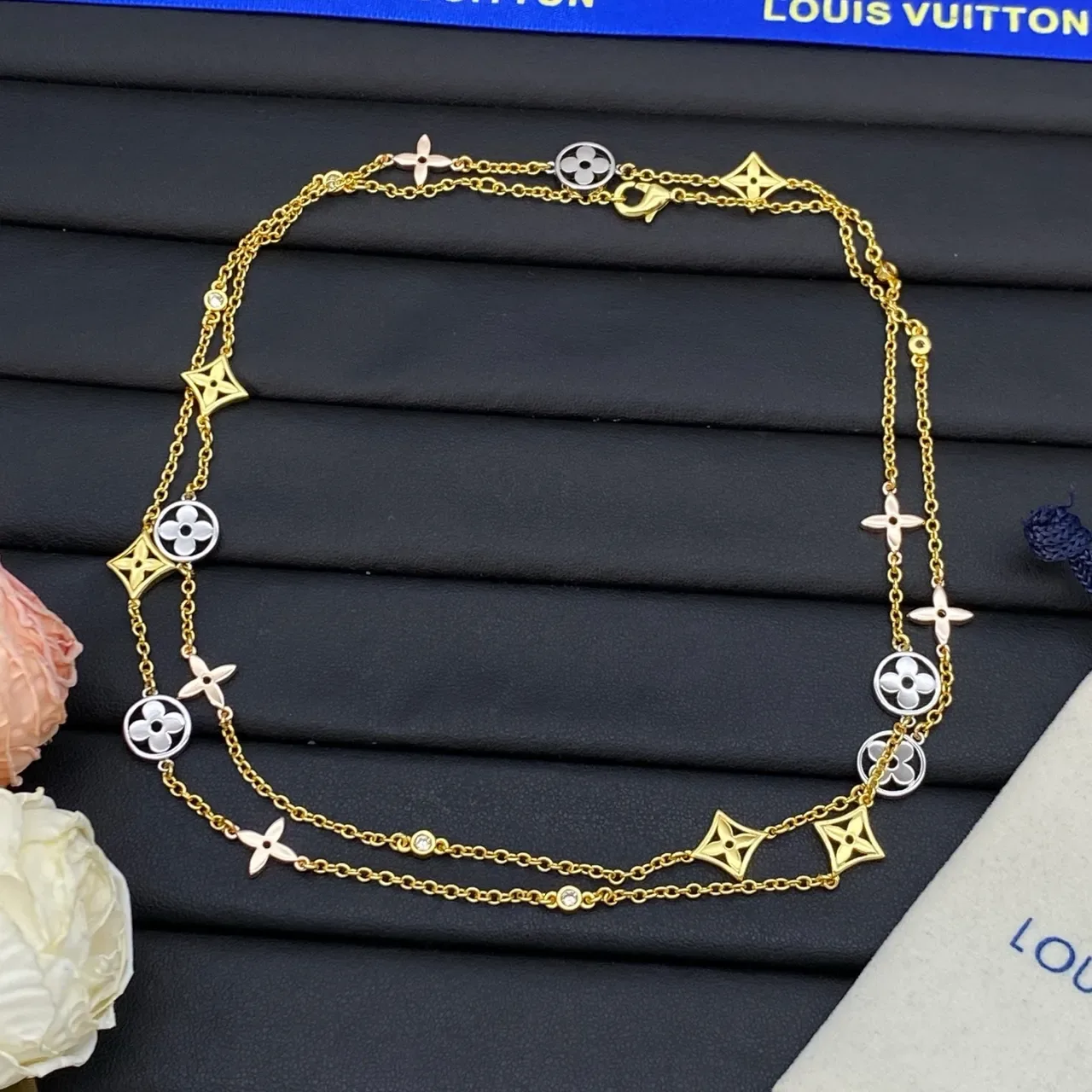 Louis Vuitton Monogram Flowers Gold Silver Multi-Charm Dual-Tone Metal Necklace 6