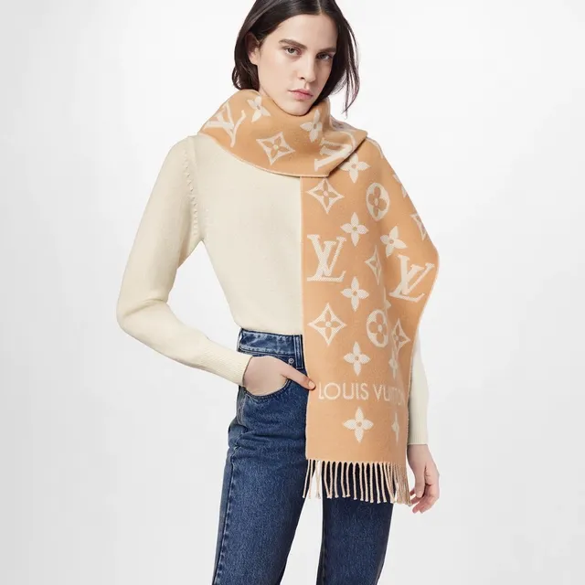 Louis Vuitton Monogram Jacquard cachecol bege e branco de caxemira 3
