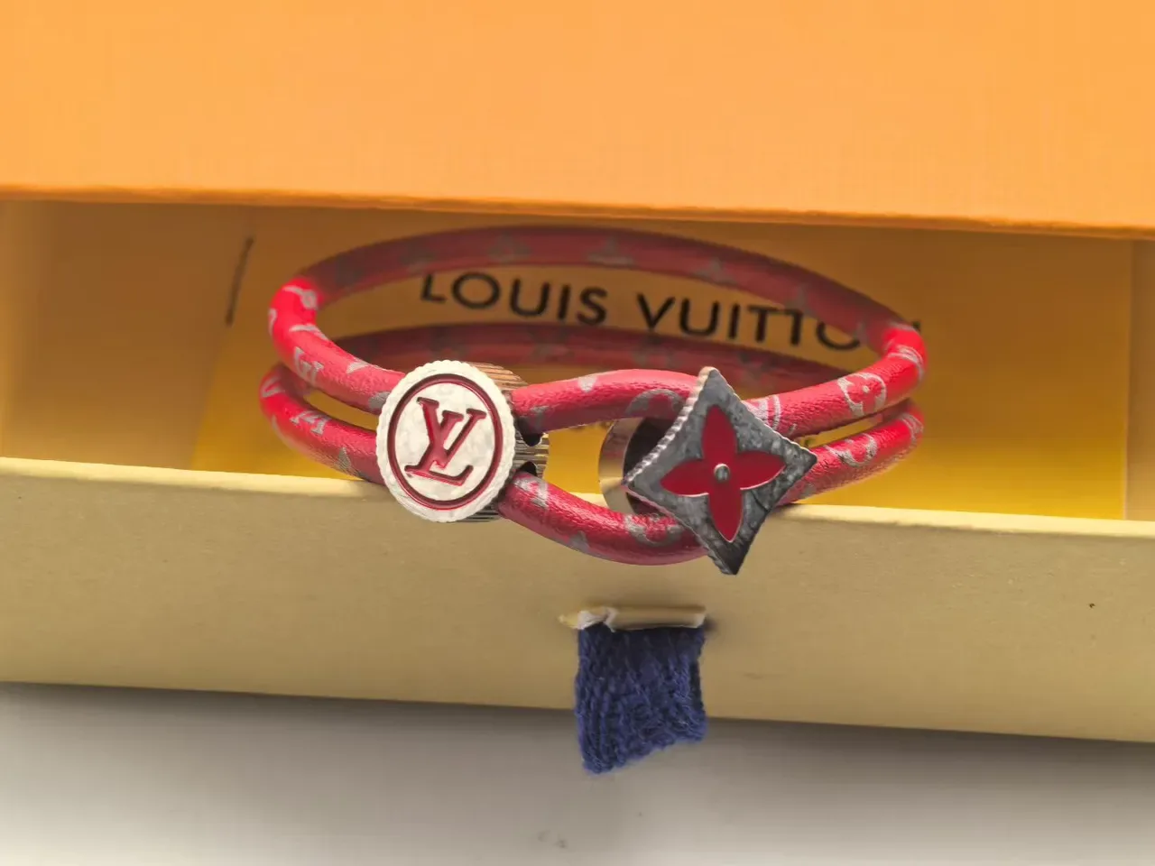 Louis Vuitton Monogram Leather Bracelet Black Red Double-Wrap Cord Bracelet 4