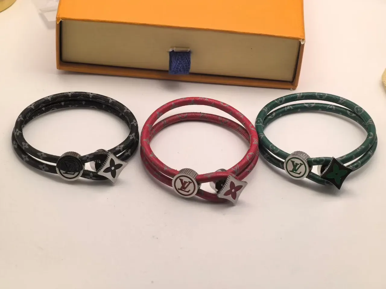 Louis Vuitton Monogram Leather Bracelet Black Red Double-Wrap Cord Bracelet 6