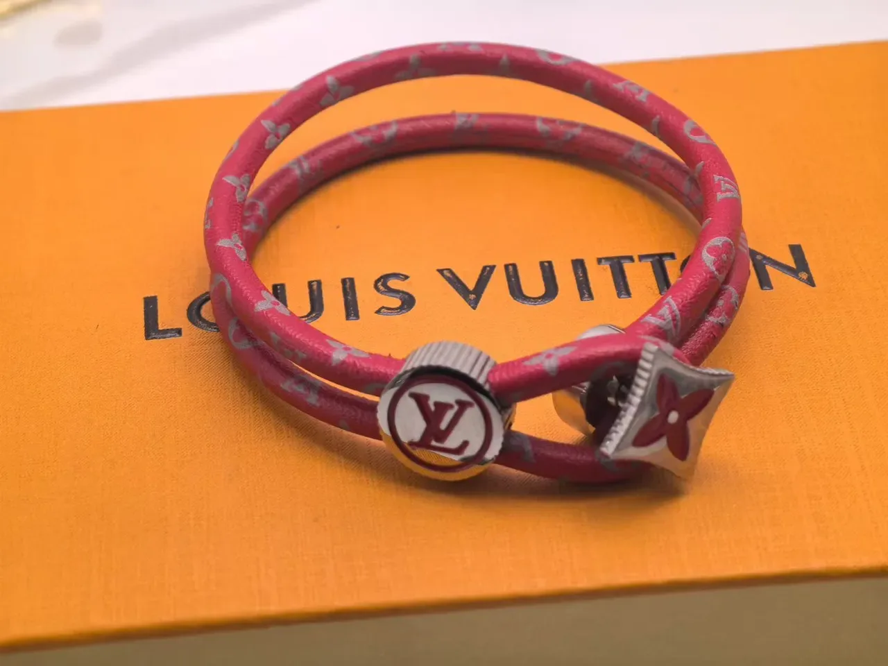 Louis Vuitton Monogram Leather Bracelet Black Red Double-Wrap Cord Bracelet 7