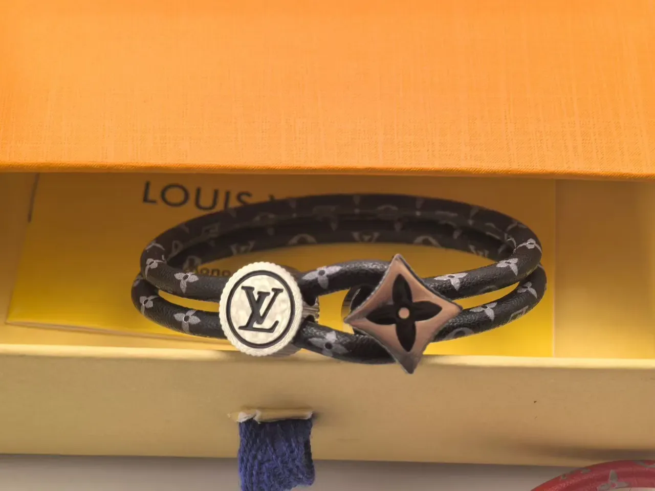 Louis Vuitton Monogram Leather Bracelet Black Red Double-Wrap Cord Bracelet 8