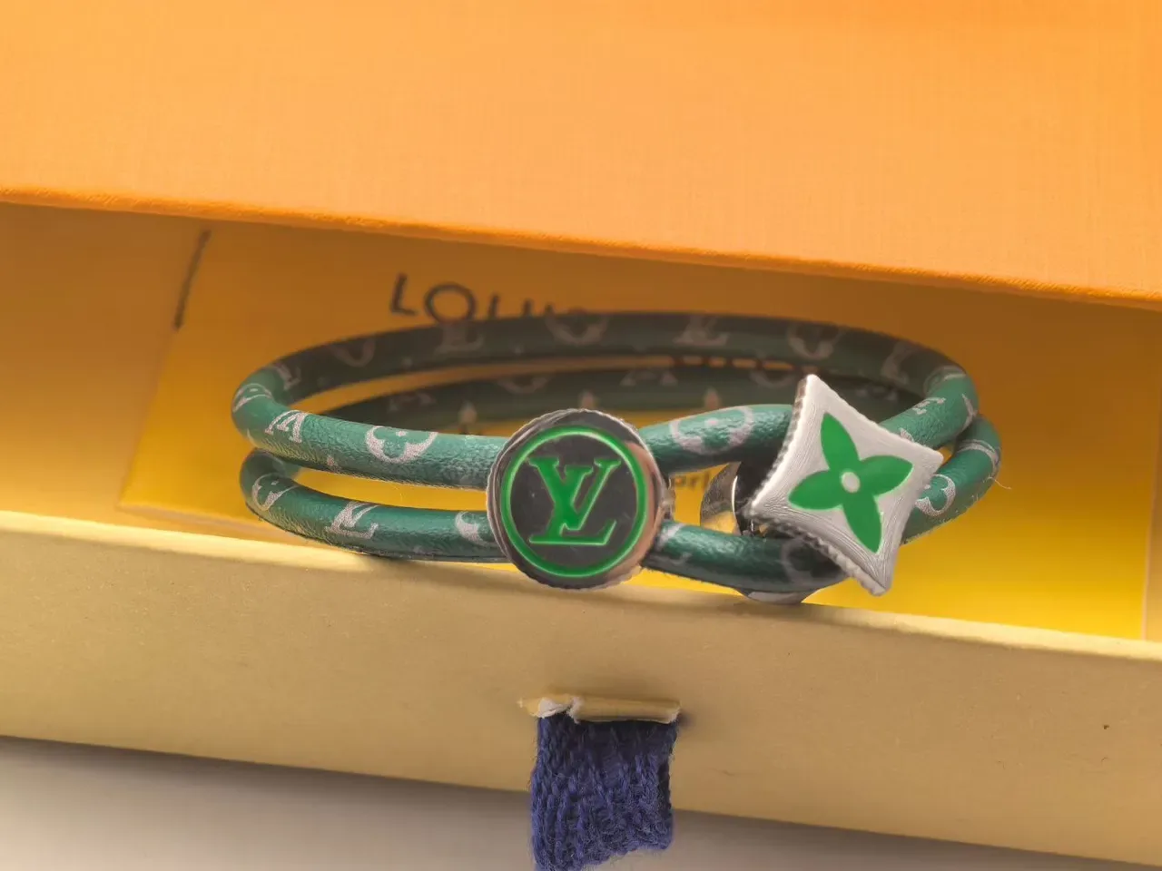 Louis Vuitton Monogram Leather Bracelet Black Red Double-Wrap Cord Bracelet 9