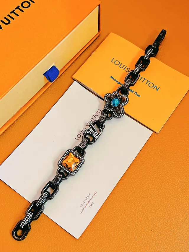 Louis Vuitton Monogram World Tour Black Orange Oxidized Chain Pavé Crystal Accents Bracelet 6