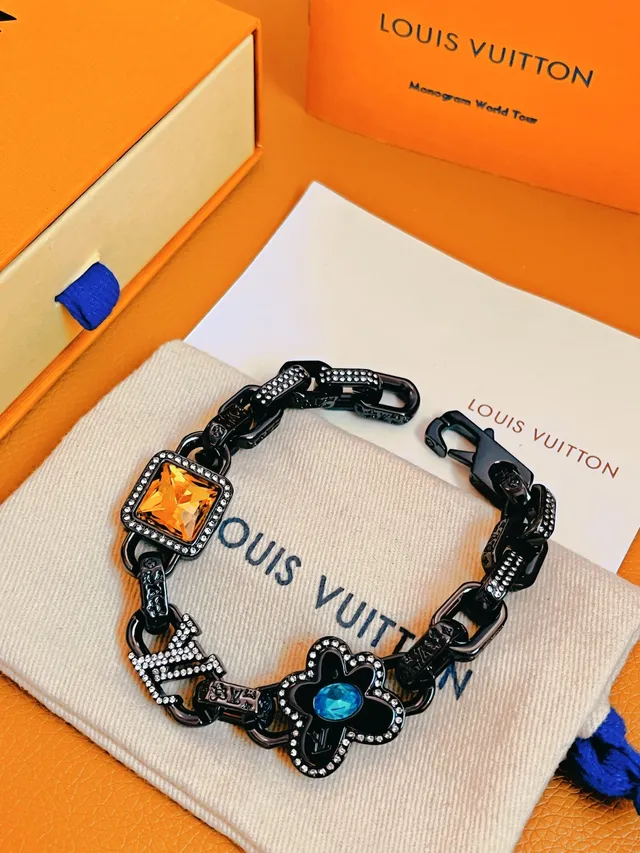 Louis Vuitton Monogram World Tour Black Orange Oxidized Chain Pavé Crystal Accents Bracelet 7