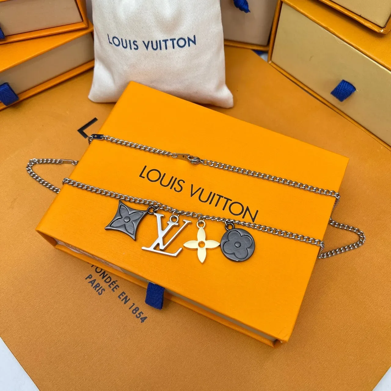 Louis Vuitton Multi Charm Silver Gold Chain Necklace 5