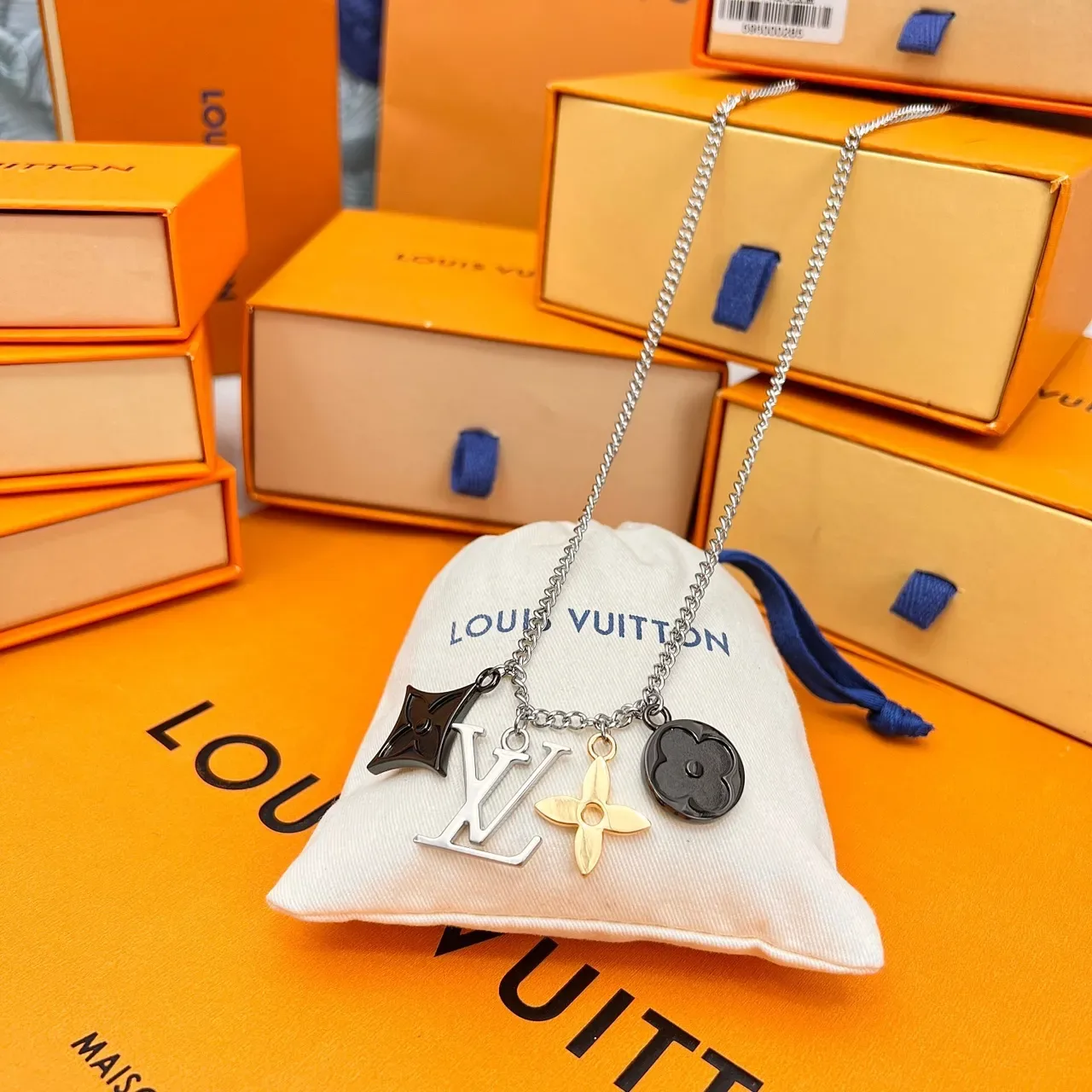 Louis Vuitton Multi Charm Silver Gold Chain Necklace 7
