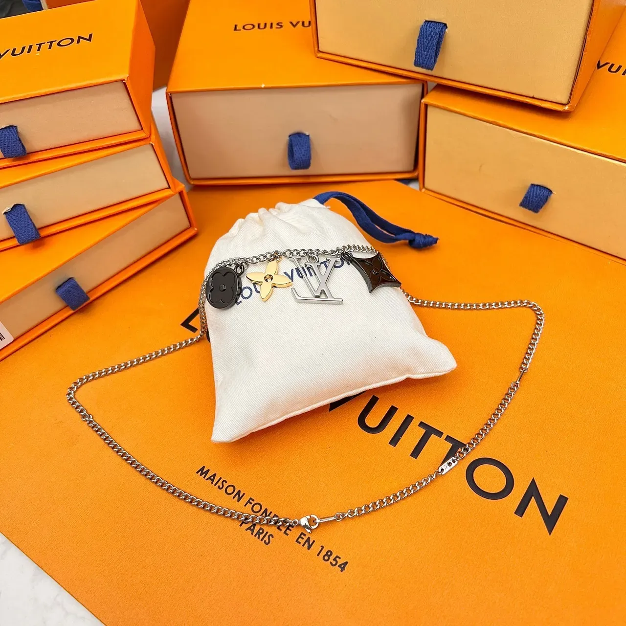 Louis Vuitton Multi Charm Silver Gold Chain Necklace 8