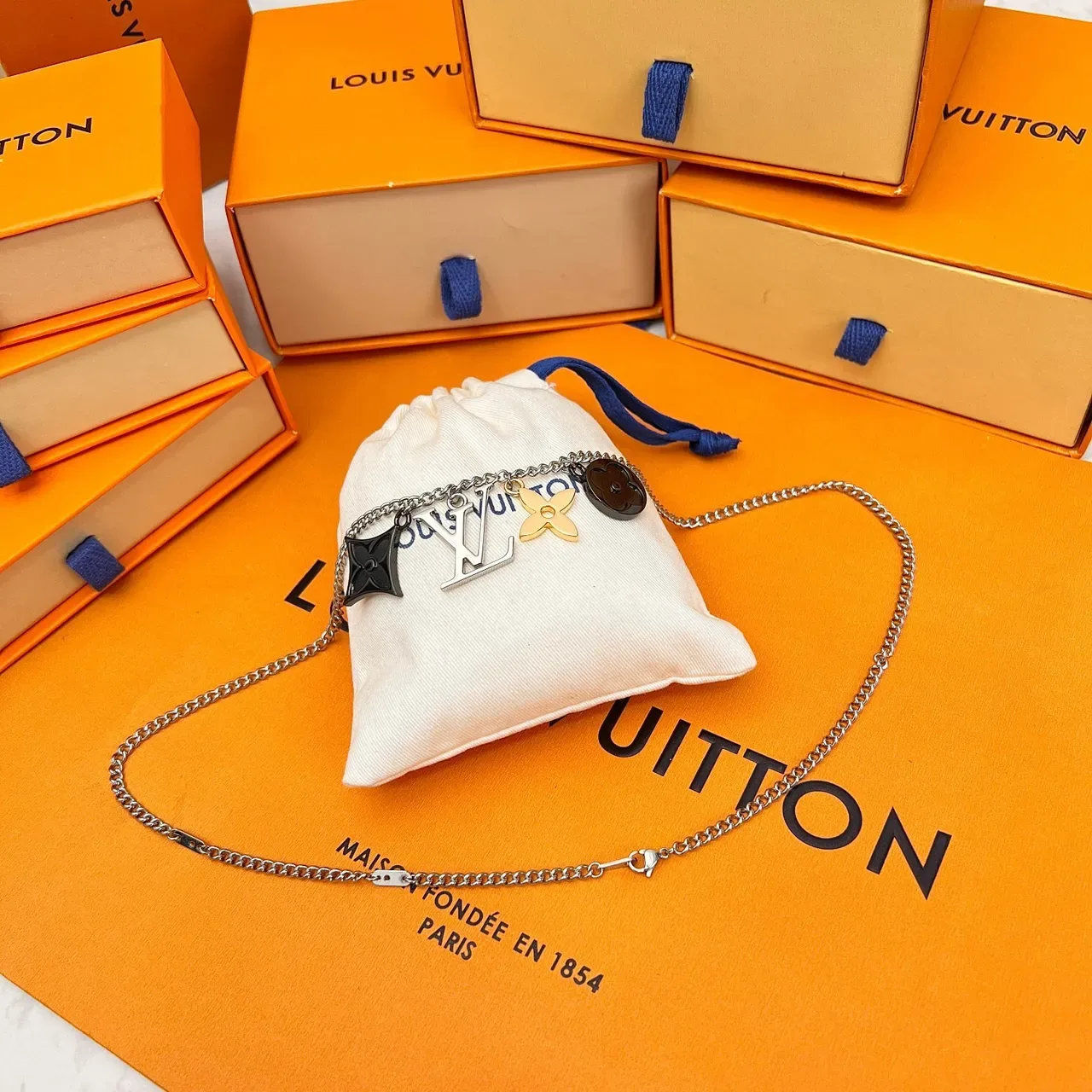 Louis Vuitton Multi Charm Silver Gold Chain Necklace 9