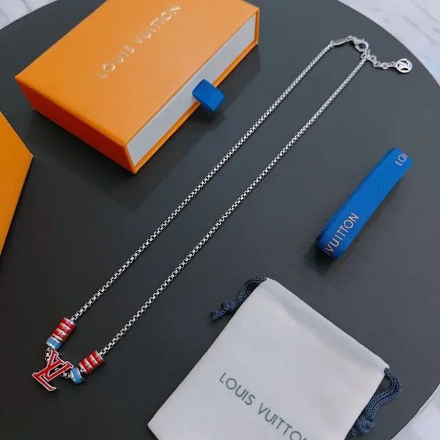 Louis Vuitton Multicolor Silver Chain Enamel LV Pendant Necklace 3
