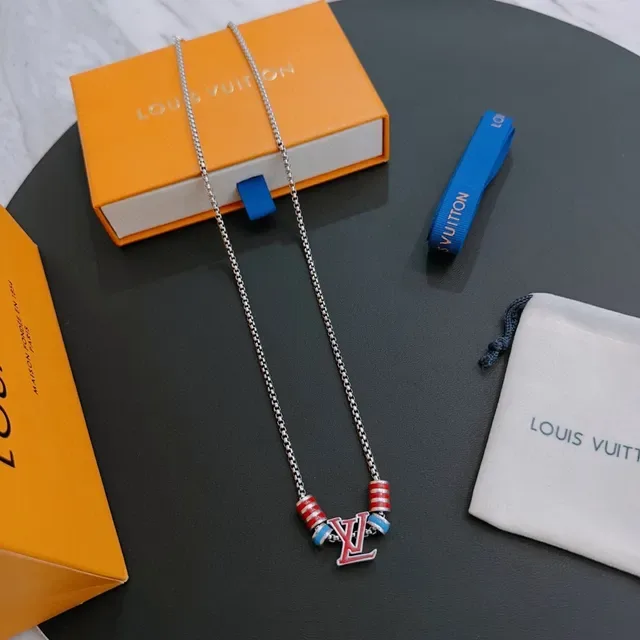 Louis Vuitton Multicolor Silver Chain Enamel LV Pendant Necklace 6