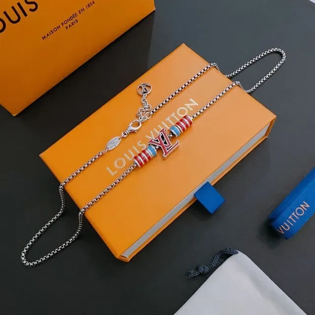 Louis Vuitton Multicolor Silver Chain Enamel LV Pendant Necklace 8