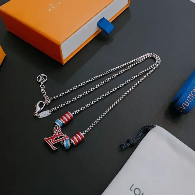 Louis Vuitton Multicolor Silver Chain Enamel LV Pendant Necklace 9