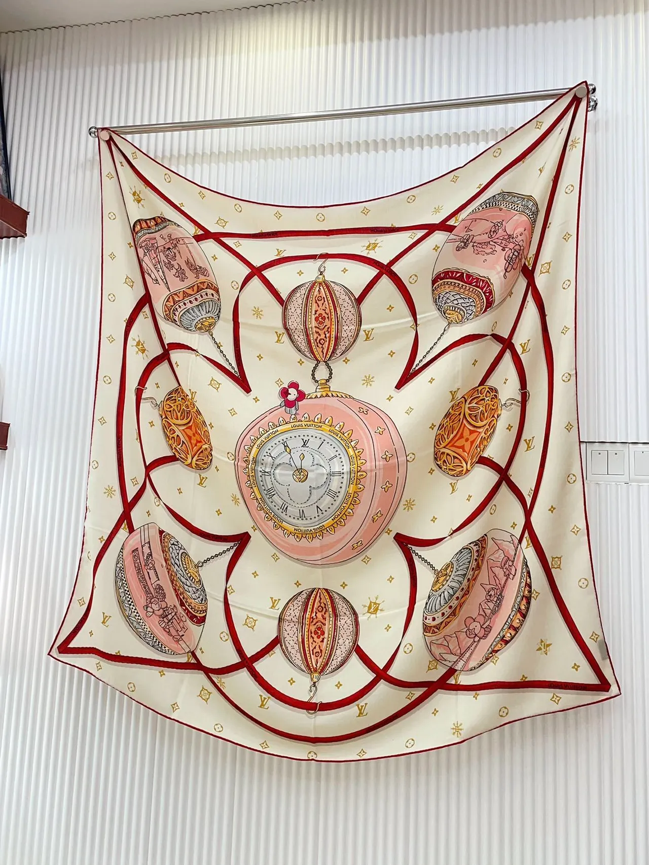 Louis Vuitton Printed Heraldic Motif Red-Bordered Silk Scarf 4