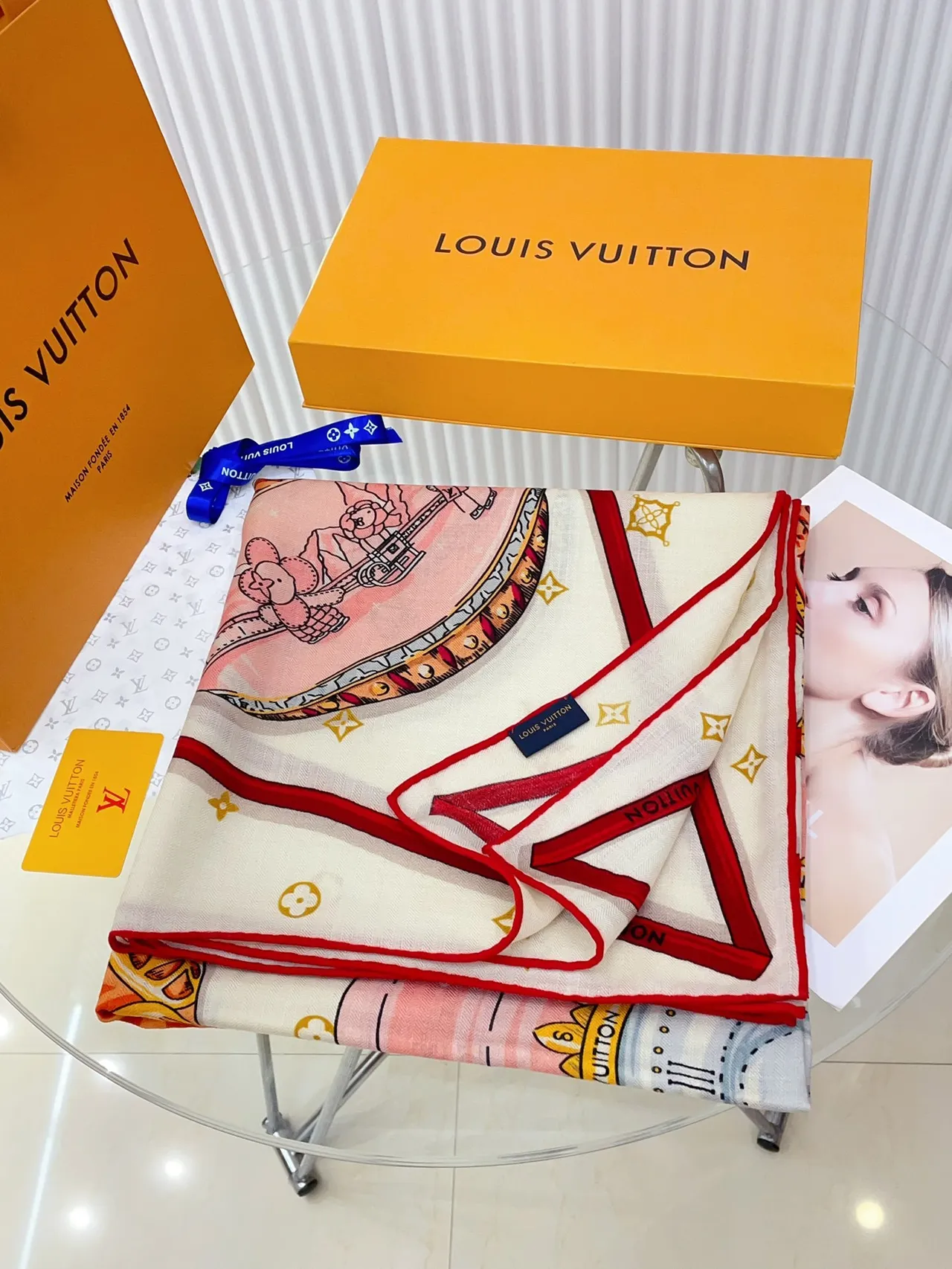 Louis Vuitton Printed Heraldic Motif Red-Bordered Silk Scarf 5