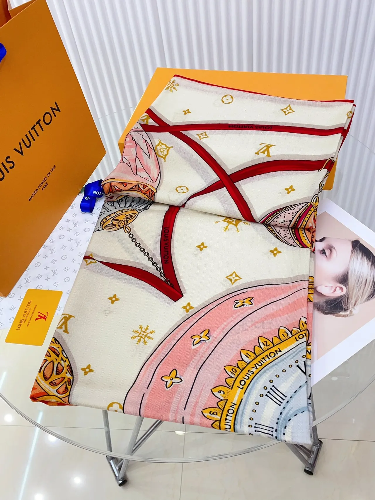 Louis Vuitton Printed Heraldic Motif Red-Bordered Silk Scarf 6