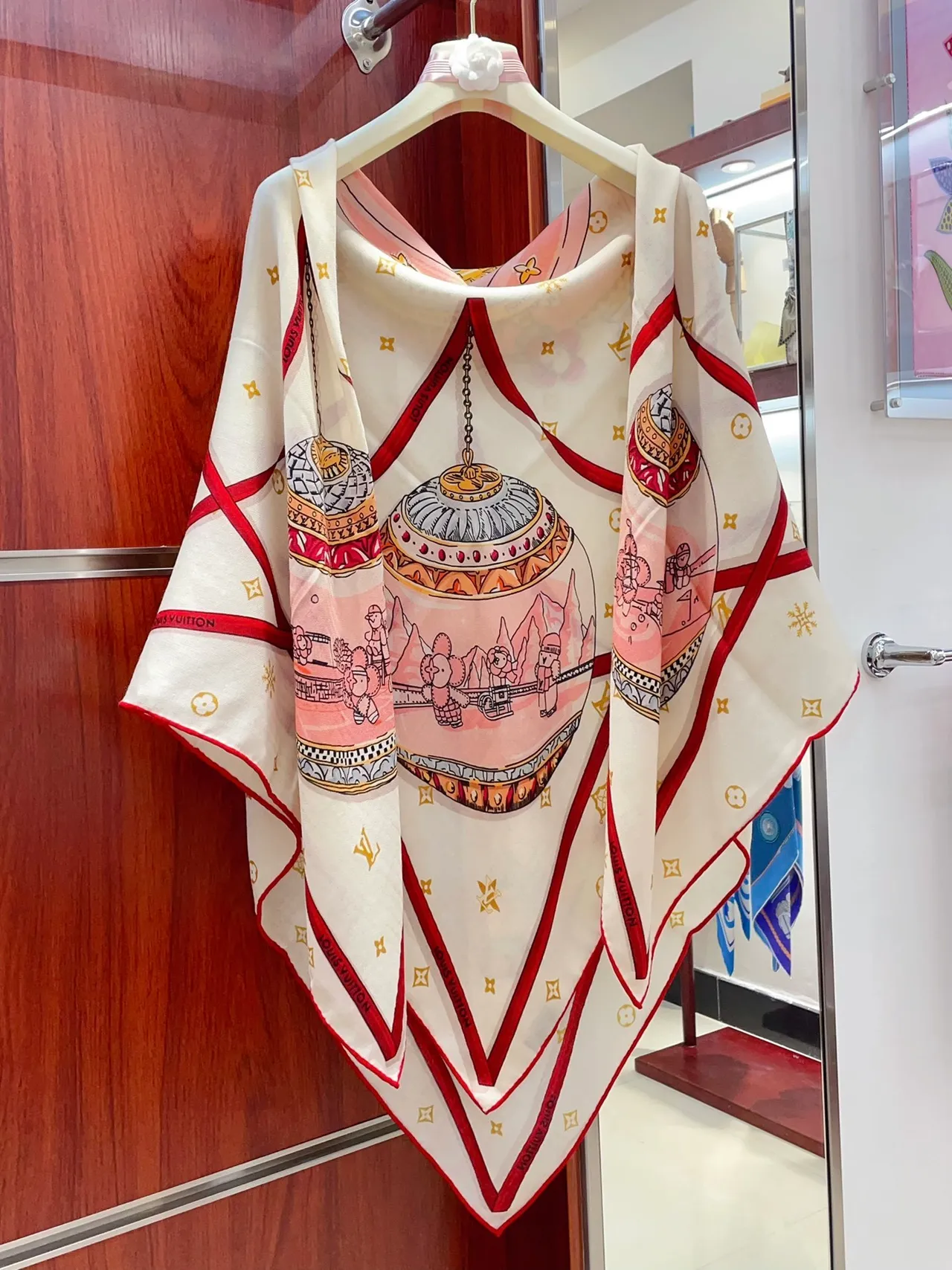 Louis Vuitton Printed Heraldic Motif Red-Bordered Silk Scarf 7