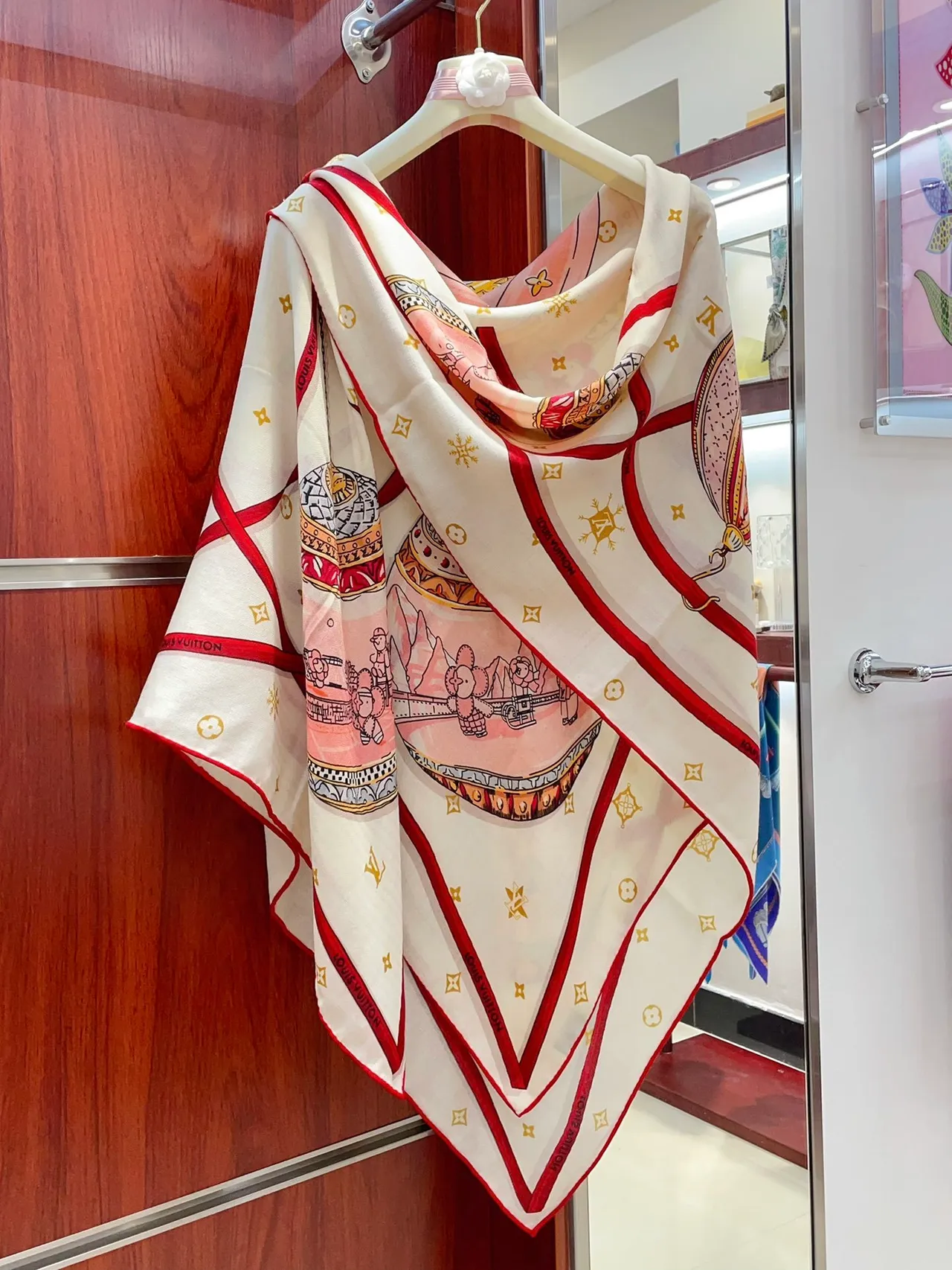 Louis Vuitton Printed Heraldic Motif Red-Bordered Silk Scarf 8