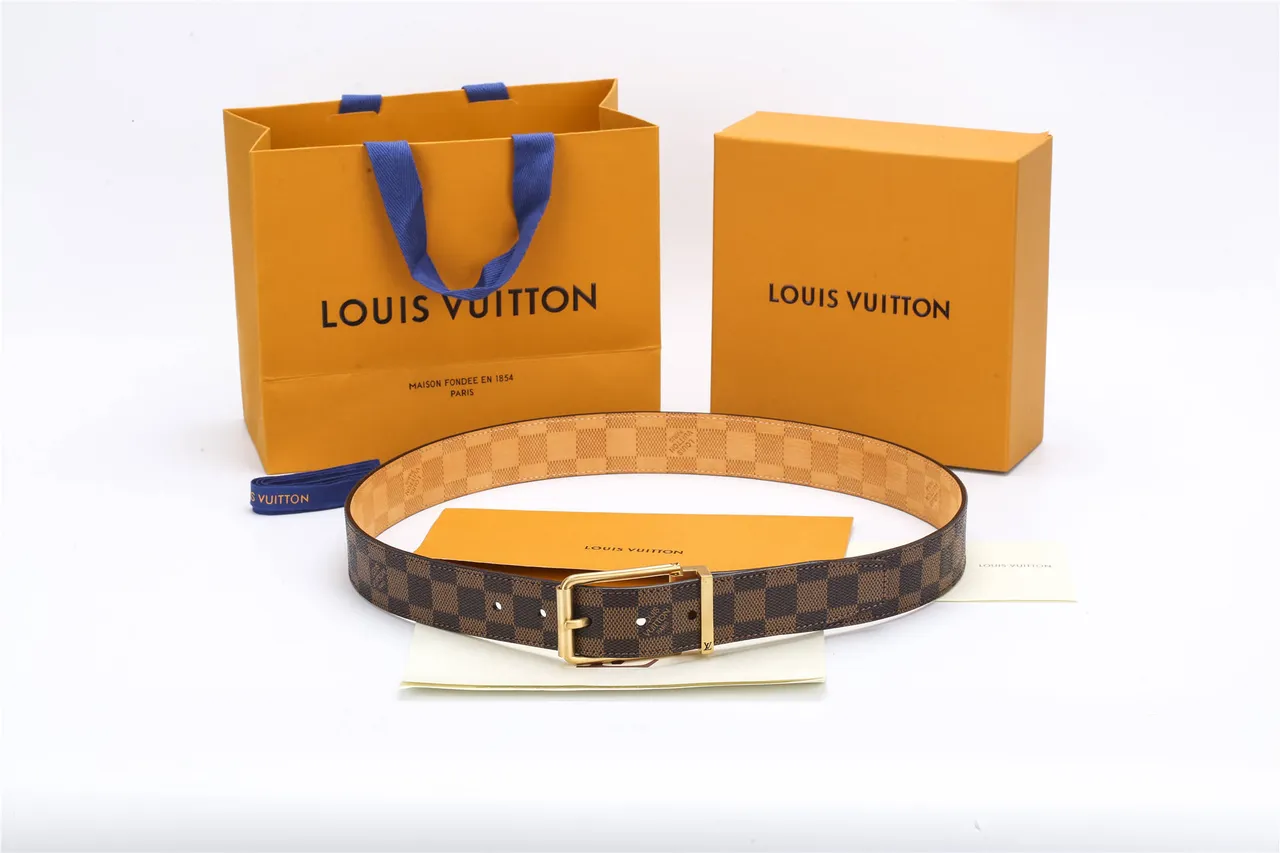 Louis Vuitton Reversible Belt Brown Gold Damier Ebène Checkered Canvas Buckle Leather Belt 9