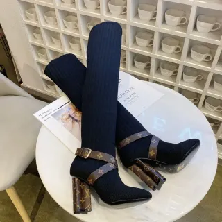 Louis Vuitton Ribbed Knit Monogram Strap Knee Boots