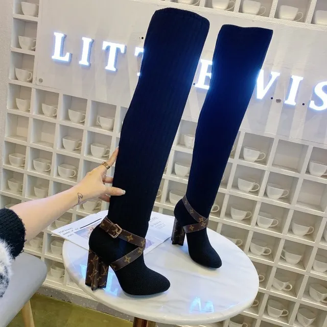 Louis Vuitton Ribbed Knit Monogram Strap Knee Boots 3