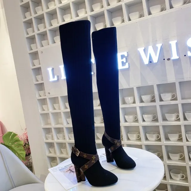 Louis Vuitton Ribbed Knit Monogram Strap Knee Boots 6