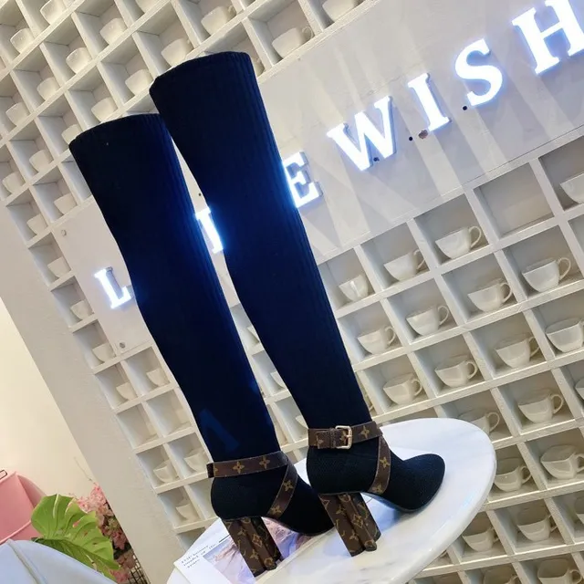 Louis Vuitton Ribbed Knit Monogram Strap Knee Boots 7