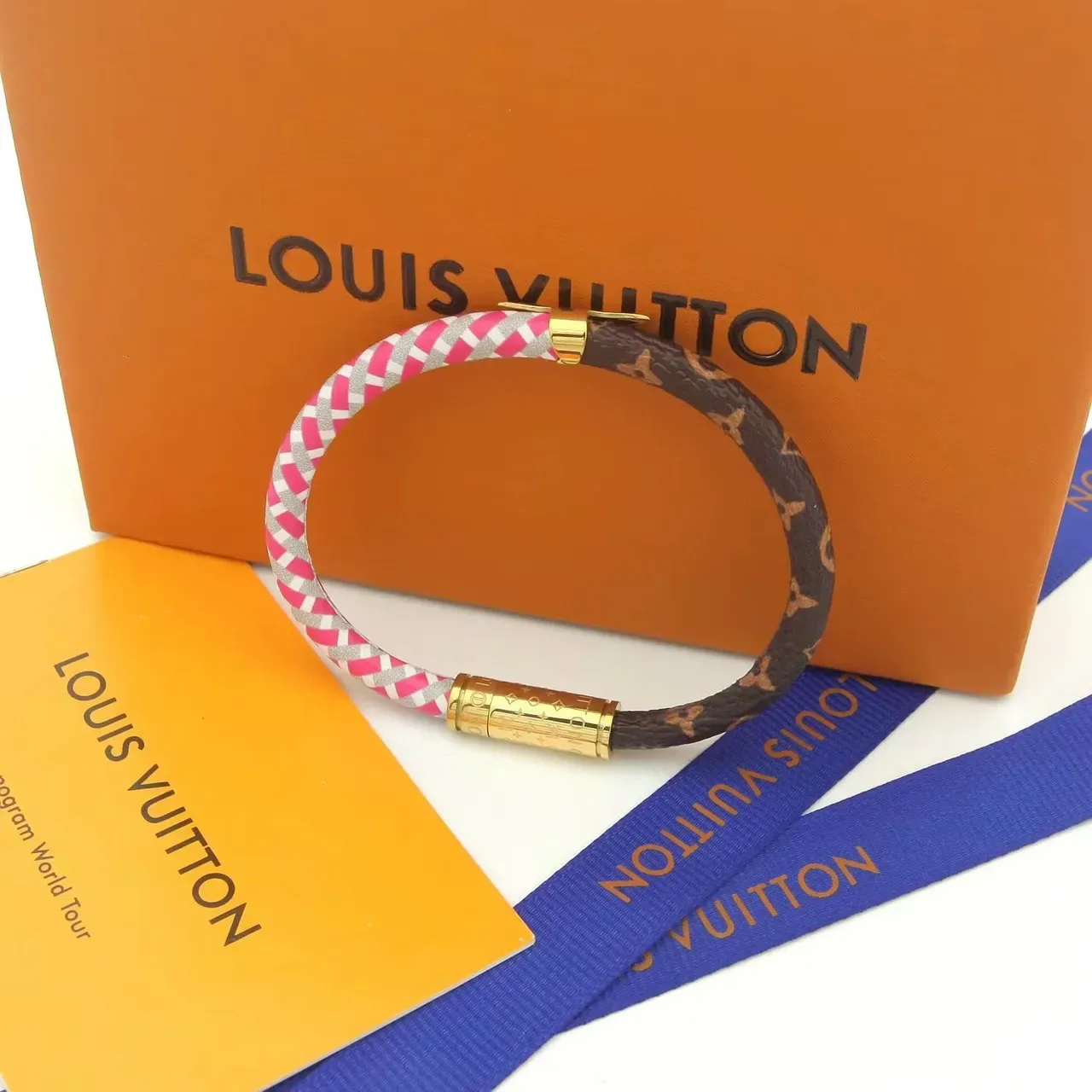 Louis Vuitton Rope Bracelet Pink Gray White and Brown Monogram Leather Bracelet 4