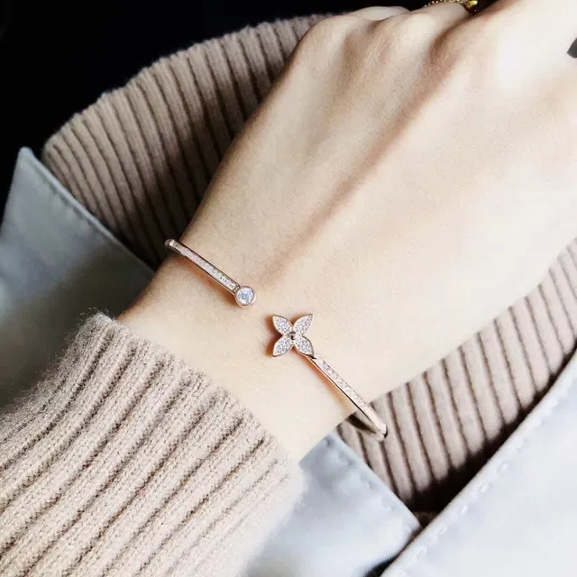 Louis Vuitton Rose Gold Pavé Floral Open Bangle Bracelet 9