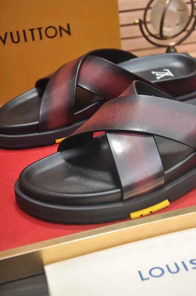 Louis Vuitton Run Away Black Burgundy Crossed Leather Straps Gradient Ombre Finish Slippers 2