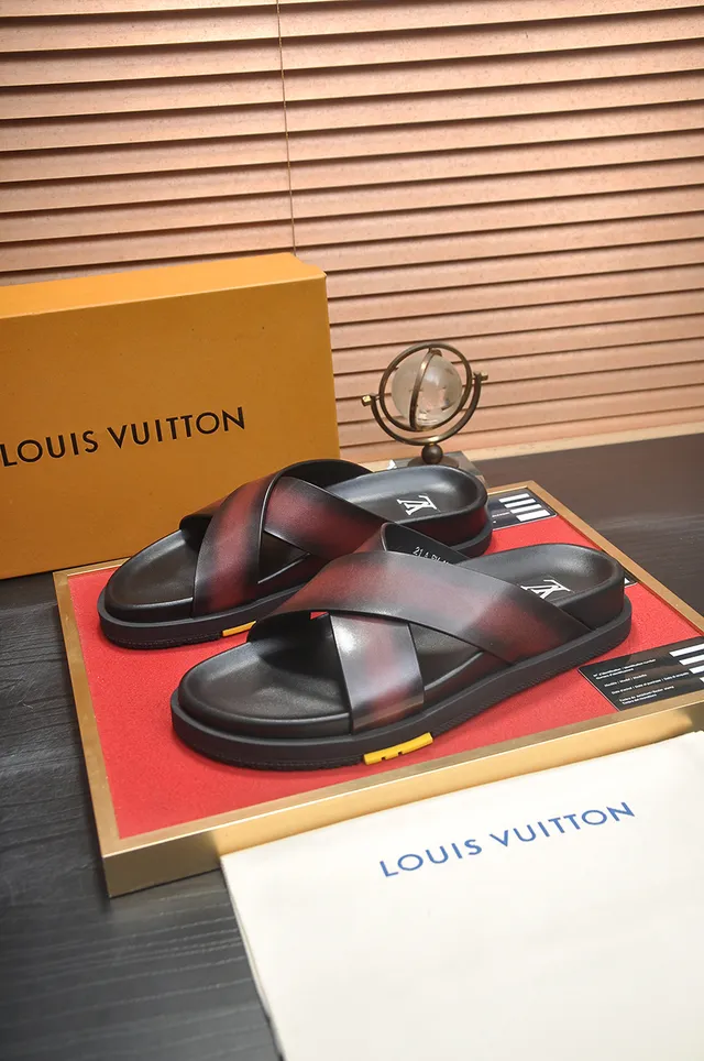 Louis Vuitton Run Away Black Burgundy Crossed Leather Straps Gradient Ombre Finish Slippers 4