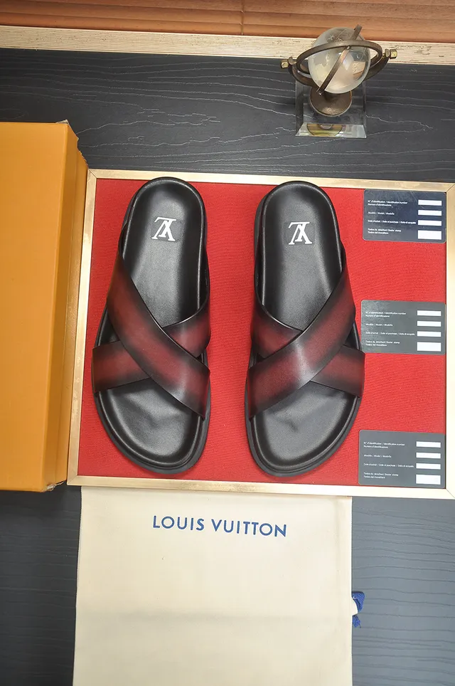 Louis Vuitton Run Away Black Burgundy Crossed Leather Straps Gradient Ombre Finish Slippers 5