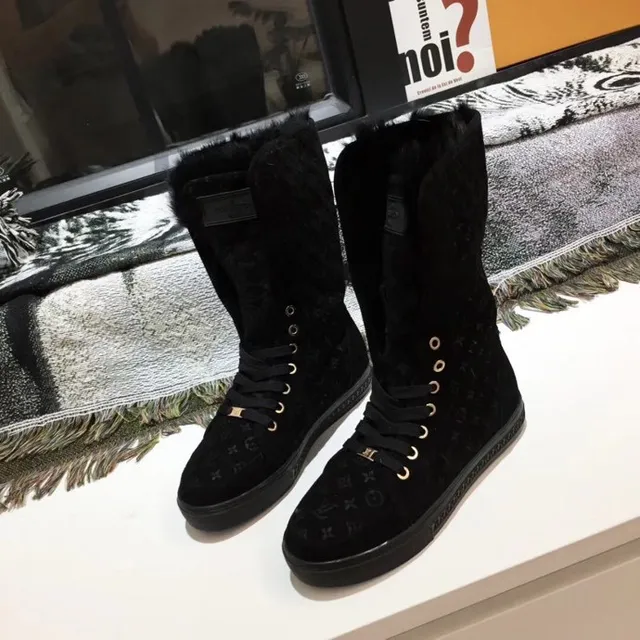 Louis Vuitton Run Away Black Gold Monogrammed Velvet Shearling Cuff Knee Boots 5
