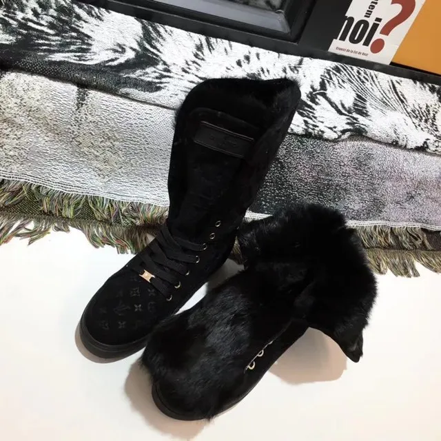 Louis Vuitton Run Away Black Gold Monogrammed Velvet Shearling Cuff Knee Boots 6