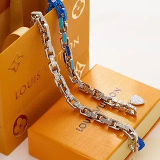 Louis Vuitton Silver Blue Chunky Link Chain Monogram-Engraved Metal Bracelet