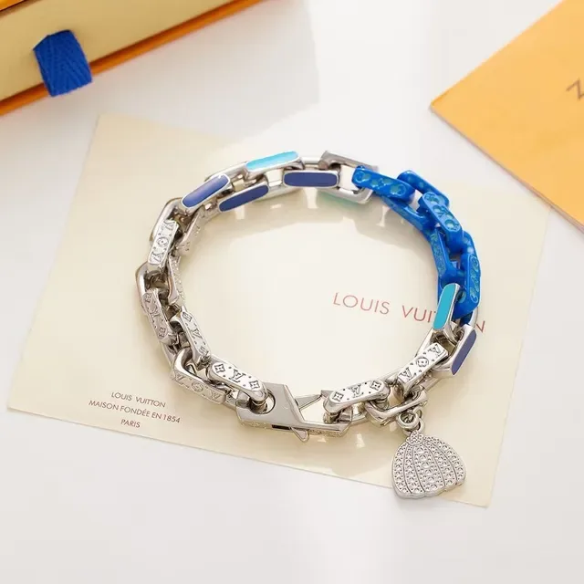 Louis Vuitton Silver Blue Chunky Link Chain Monogram-Engraved Metal Bracelet 3