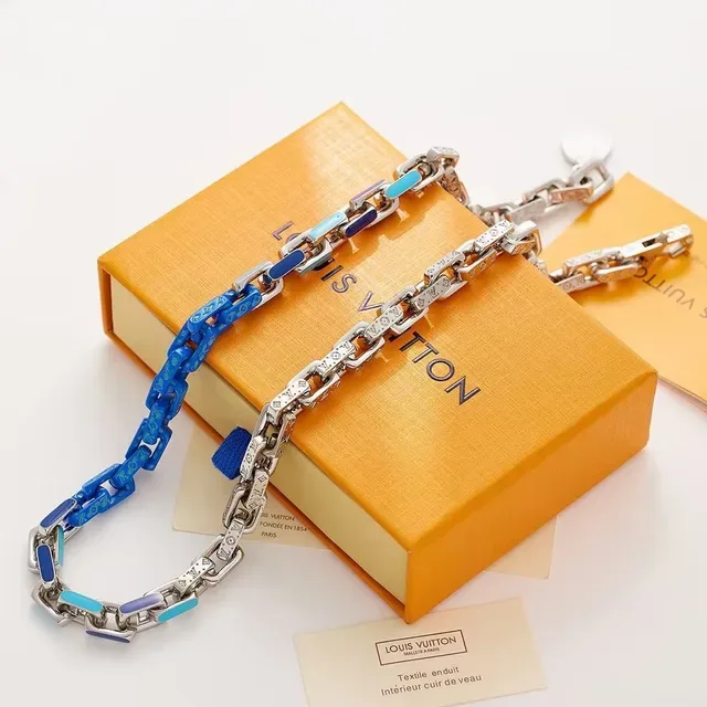 Louis Vuitton Silver Blue Chunky Link Chain Monogram-Engraved Metal Bracelet 5