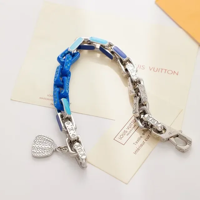 Louis Vuitton Silver Blue Chunky Link Chain Monogram-Engraved Metal Bracelet 6