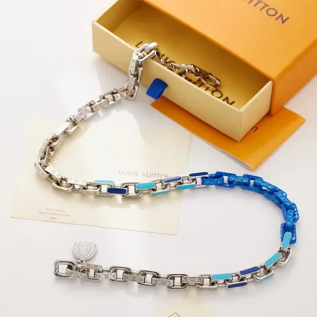Louis Vuitton Silver Blue Chunky Link Chain Monogram-Engraved Metal Bracelet 7
