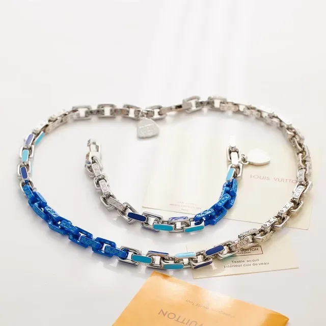 Louis Vuitton Silver Blue Chunky Link Chain Monogram-Engraved Metal Bracelet 8