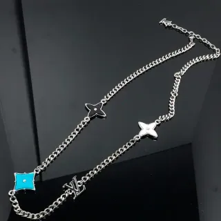 Louis Vuitton Silver Blue Curb Chain Enamel Monogram Stars Necklace